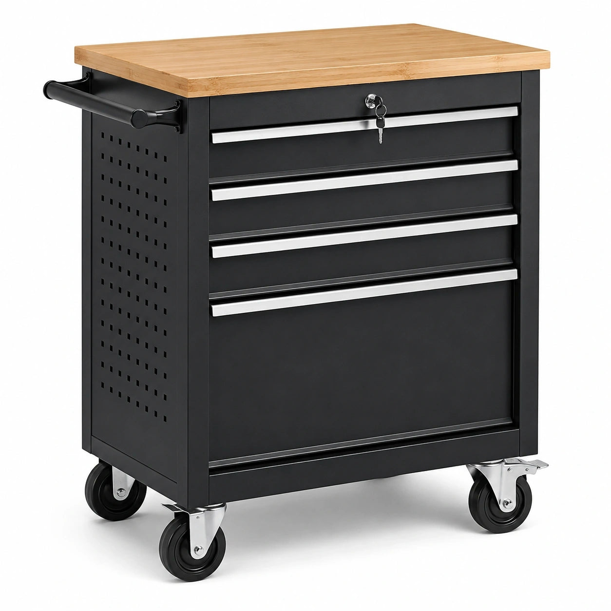 Werkzeugwagen aus Stahl mit Bambusplatte, 4 Schubladen, Rollen und Schloss, 69 × 46 × 88 cm, Schwarz/Natur/Silber