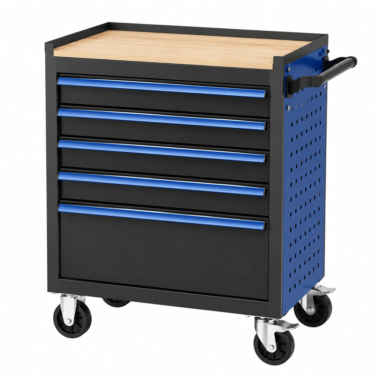 Werkzeugwagen aus Stahl mit 5 Schubladen, Holzarbeitsplatte und 4 Lenkrollen, 77 × 46 × 97 cm, Schwarz/Blau/Natur