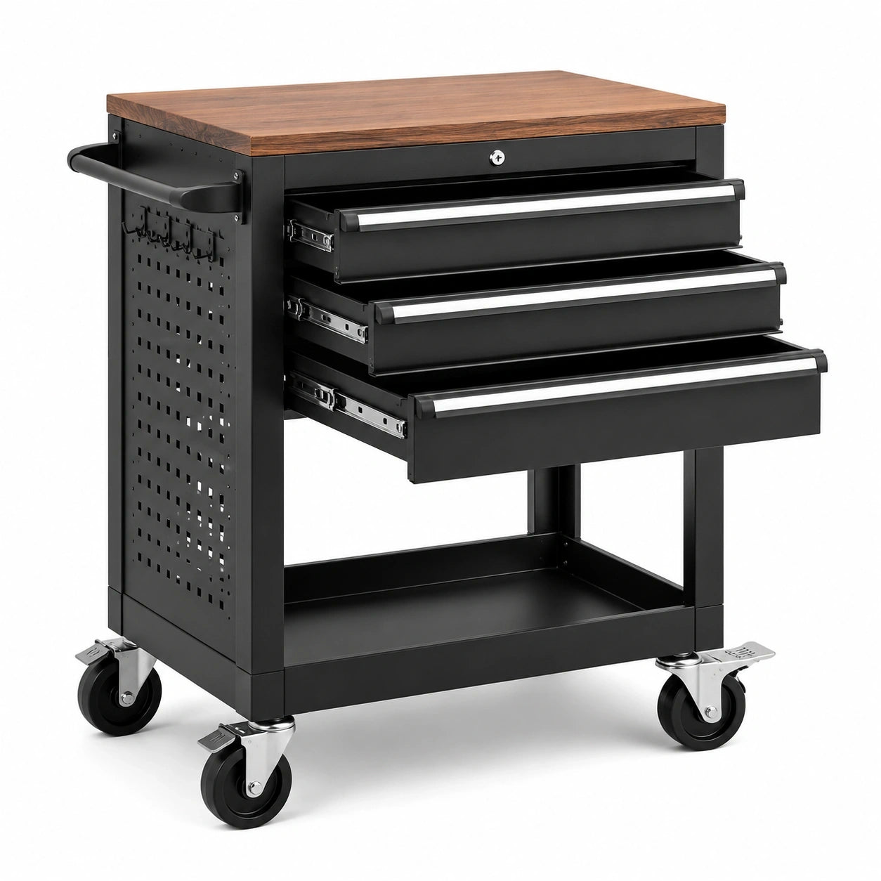 Mobiler Werkzeugwagen aus Stahl mit 3 Schubladen und Holzoptik-Arbeitsplatte, 72 × 40 × 84 cm, Schwarz/Braun/Silber