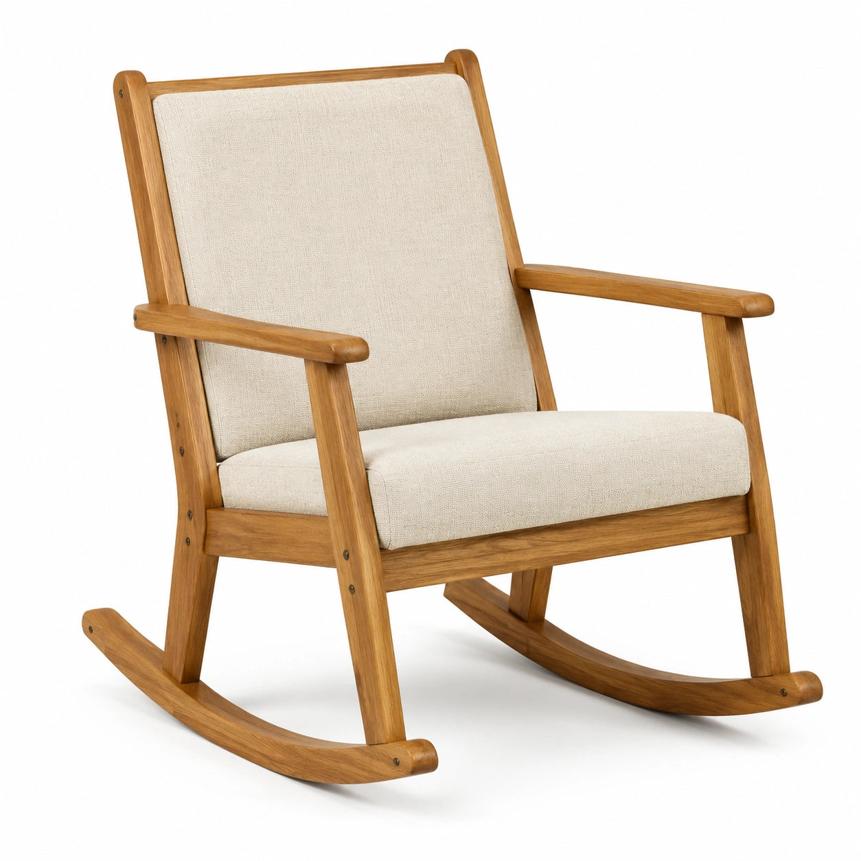 Gepolsterter Schaukelstuhl aus Holz mit Armlehnen, Naturholz/Creme, 89 × 68 × 96 cm