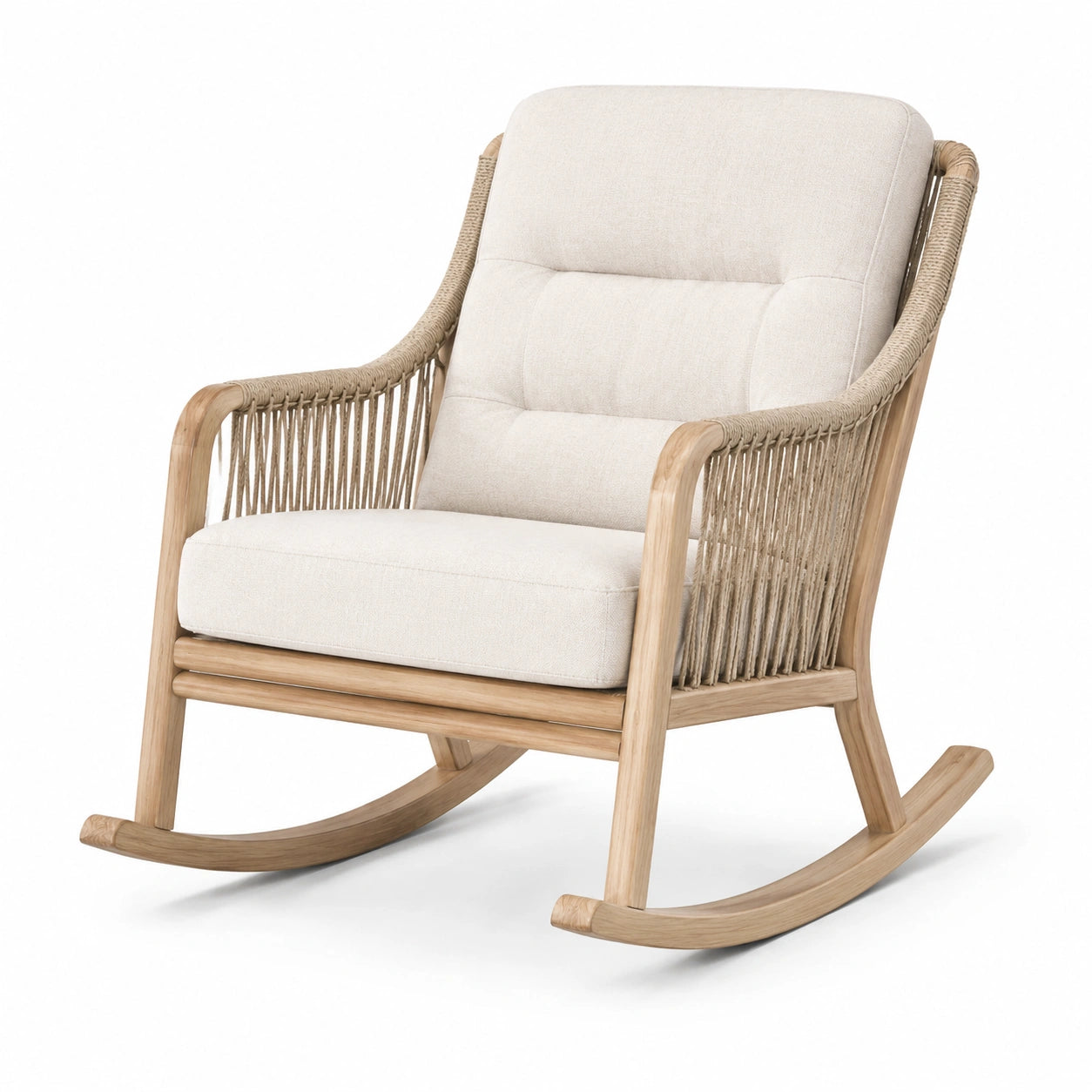Moderner Schaukelsessel aus Holz mit Seilgeflecht und Polsterung, Hellbraun/Creme/Beige, 74 × 95 × 99 cm