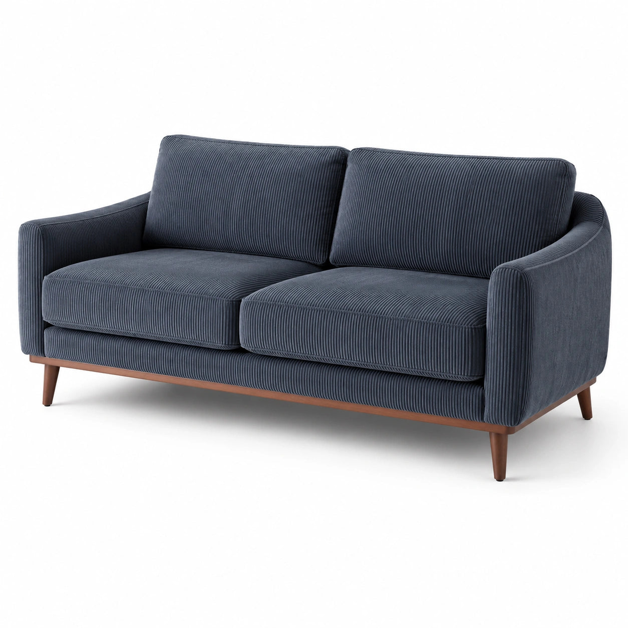 Modernes 2-Sitzer-Sofa aus dunkelblauem Cordstoff mit braunen Holzfüßen, 190 × 86 × 84 cm