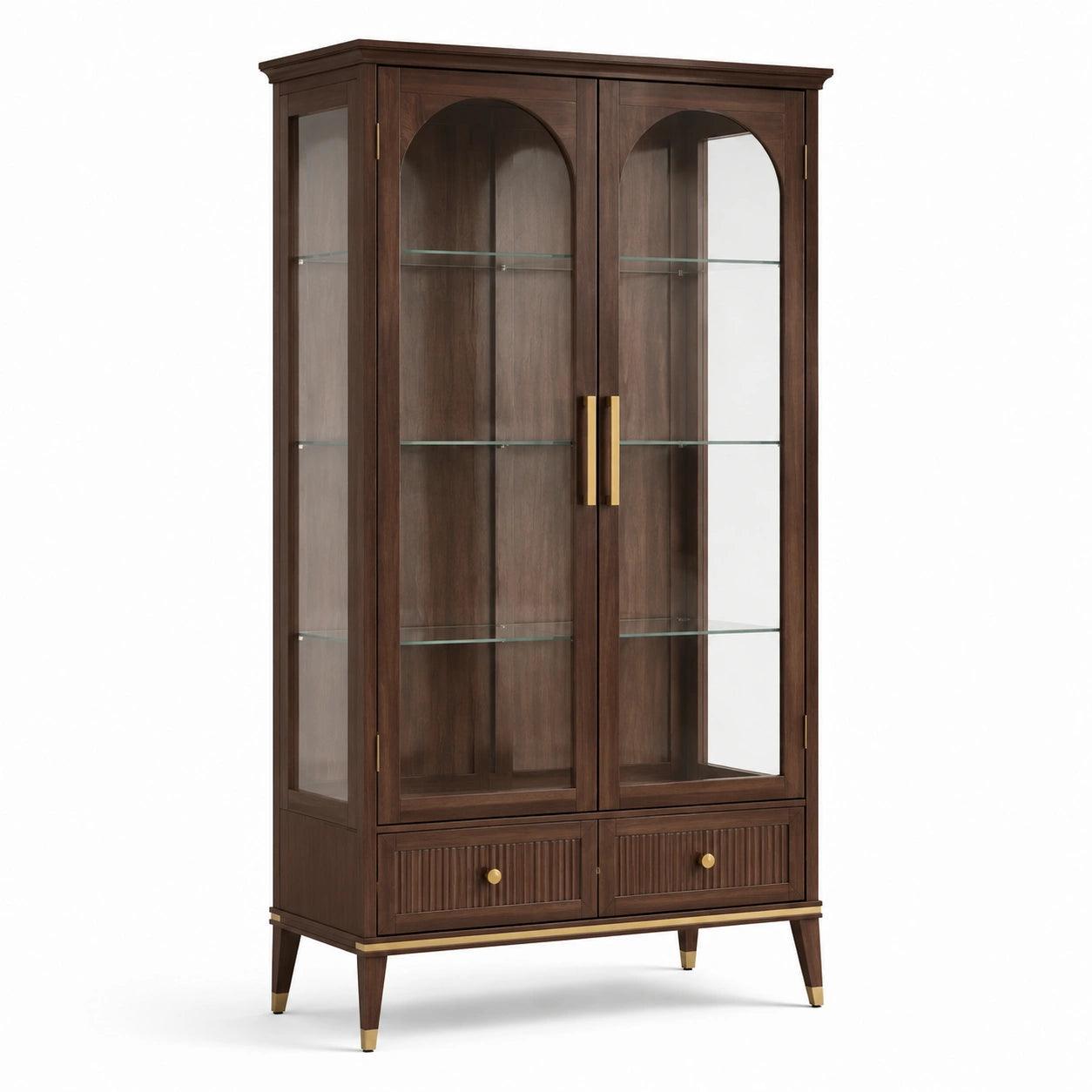 Vitrinenschrank aus Holz und Glas mit 2 Schubladen, 100 × 40 × 190 cm, Dunkelbraun/Goldfarben/Transparent