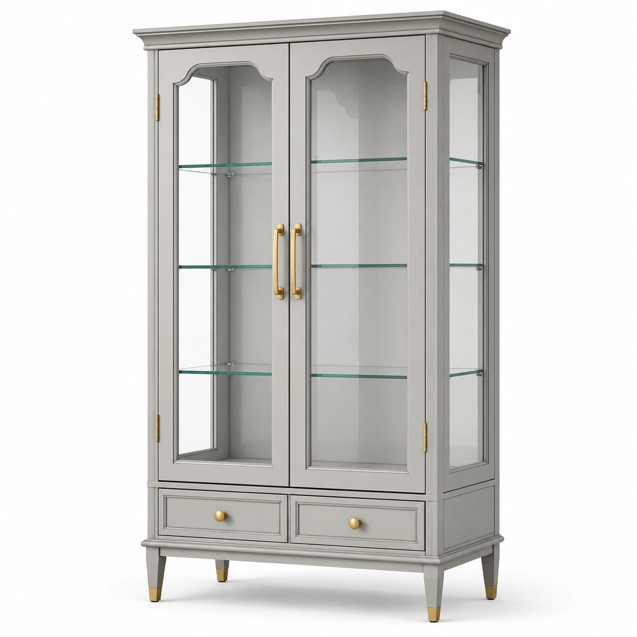 Klassischer Vitrinenschrank aus Holzwerkstoff und Glas, Grau/Gold, 105 × 42 × 190 cm