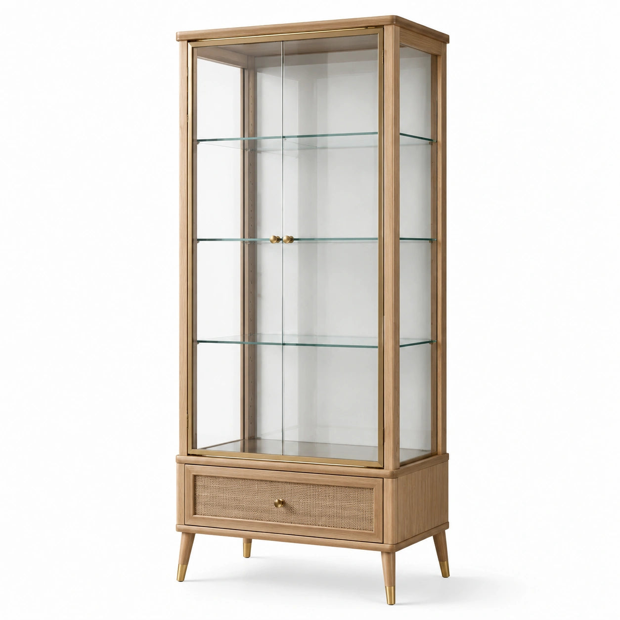 Vitrinenschrank aus Holz und Glas, Natur, 80 × 40 × 180 cm, mit 2 Glastüren, 3 Glasböden und Schublade