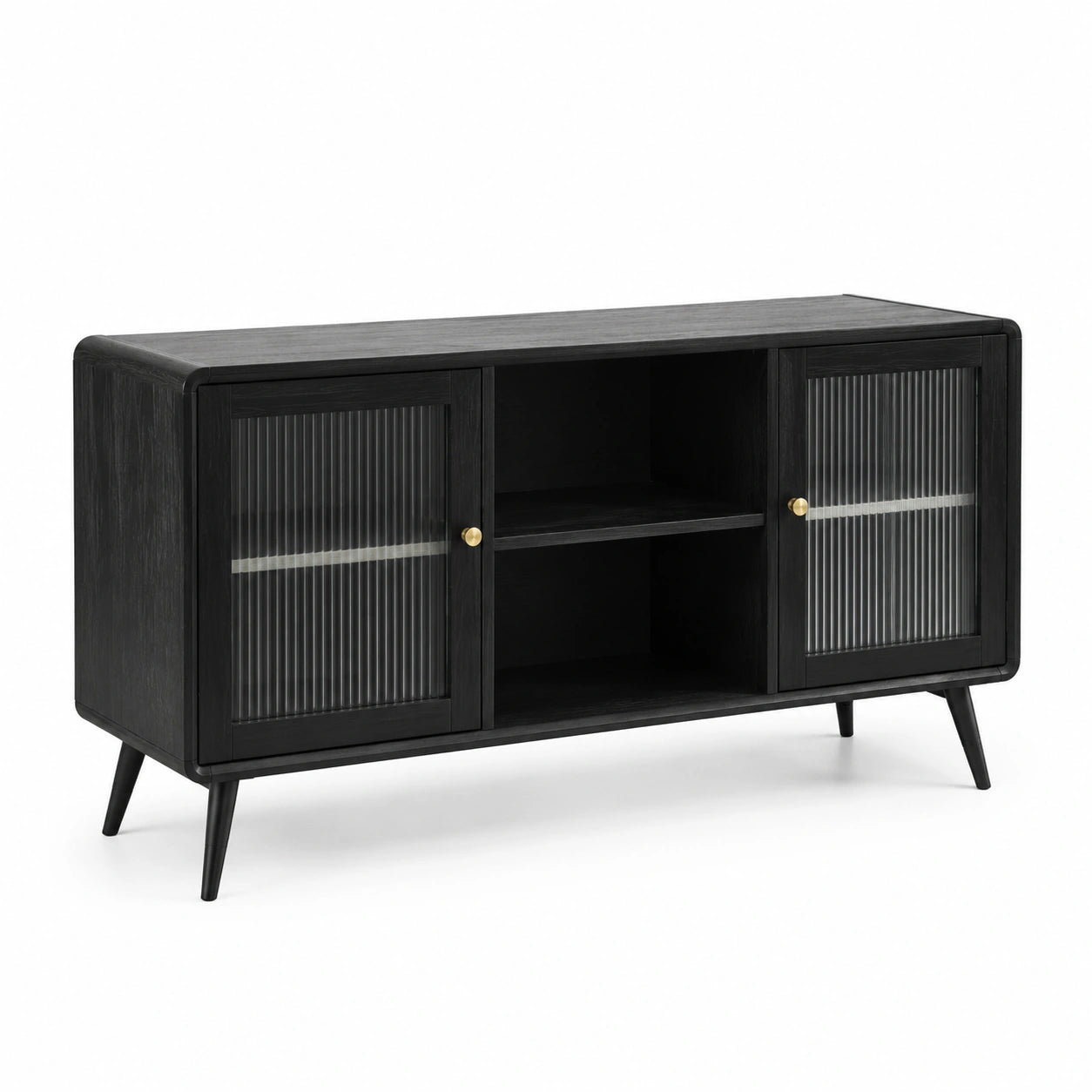 Modernes Sideboard aus Holzwerkstoff und Riffelglas, Schwarz, 140 × 40 × 80 cm, mit 2 Türen und offenen Fächern