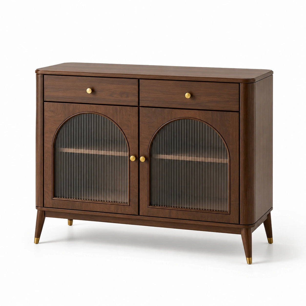 Sideboard aus Holzwerkstoff mit geriffeltem Glas, 2 Türen und 2 Schubladen, Braun/Anthrazit/Gold, 120 × 40 × 90 cm