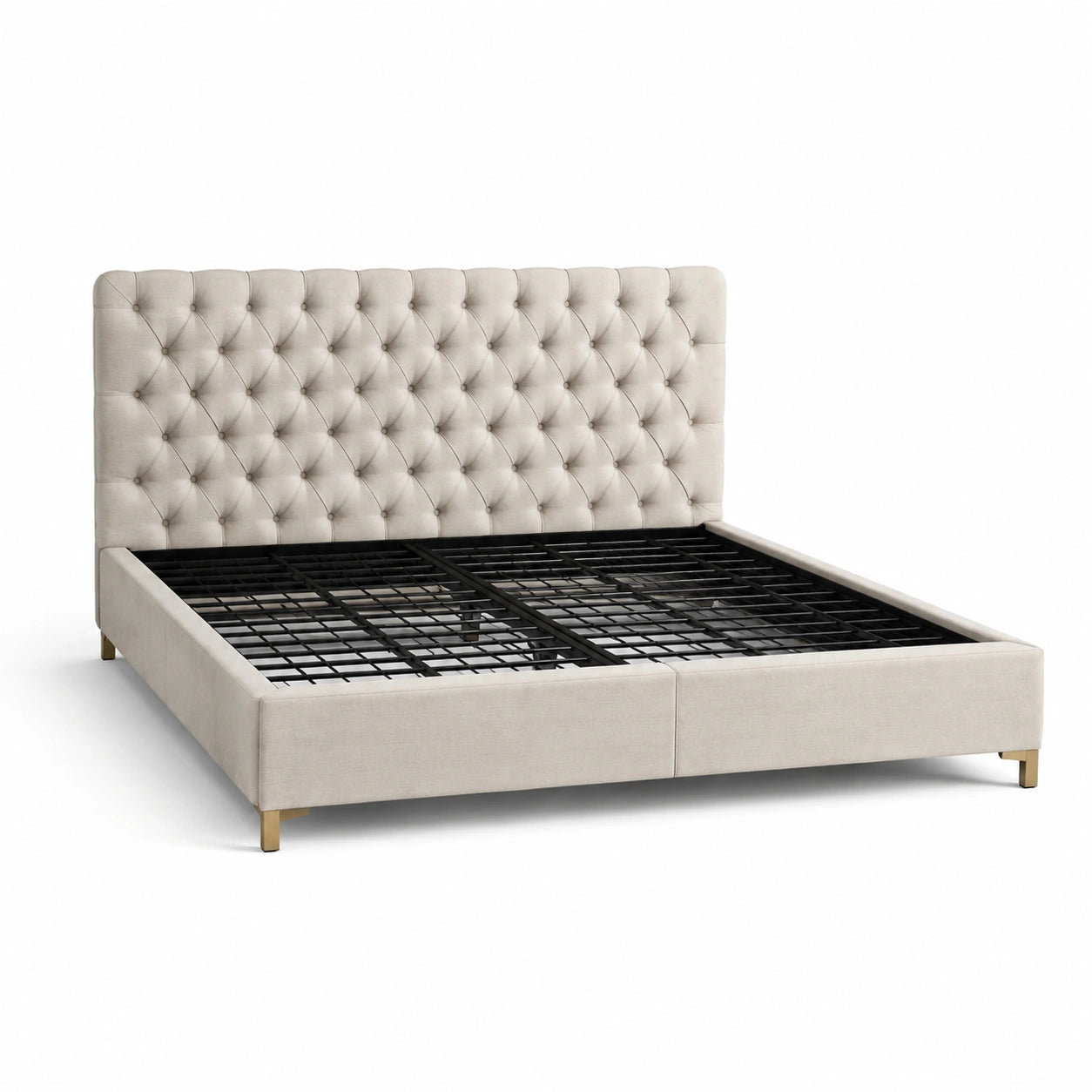 Polsterbett in Beige für Matratze 160 × 200 cm mit Knopfheftung und Metallrahmen, Gesamtmaße 215 × 170 × 125 cm