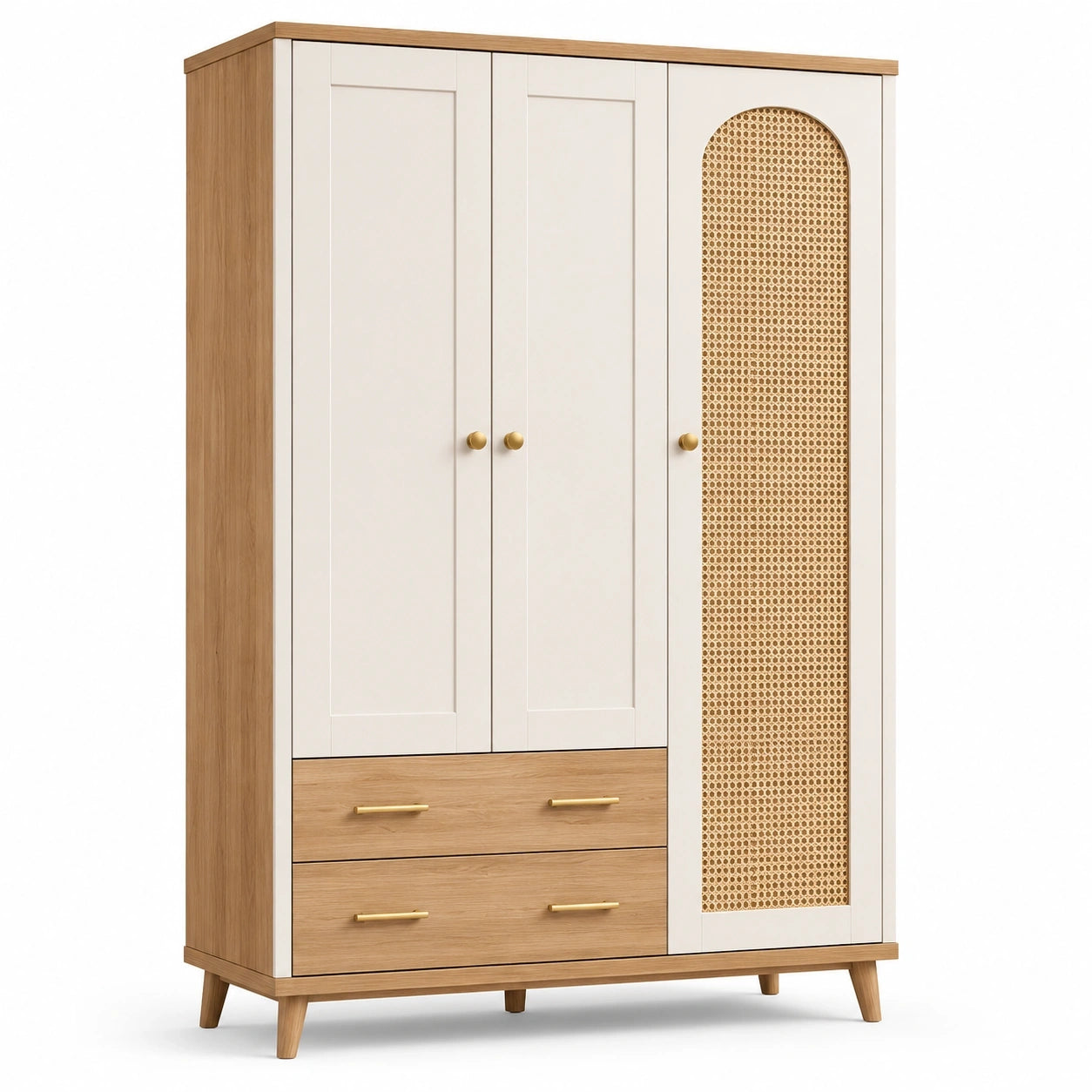 Kleiderschrank mit Rattangeflecht, 3 Türen und 2 Schubladen, Weiß/Natur/Gold, 140 × 55 × 190 cm