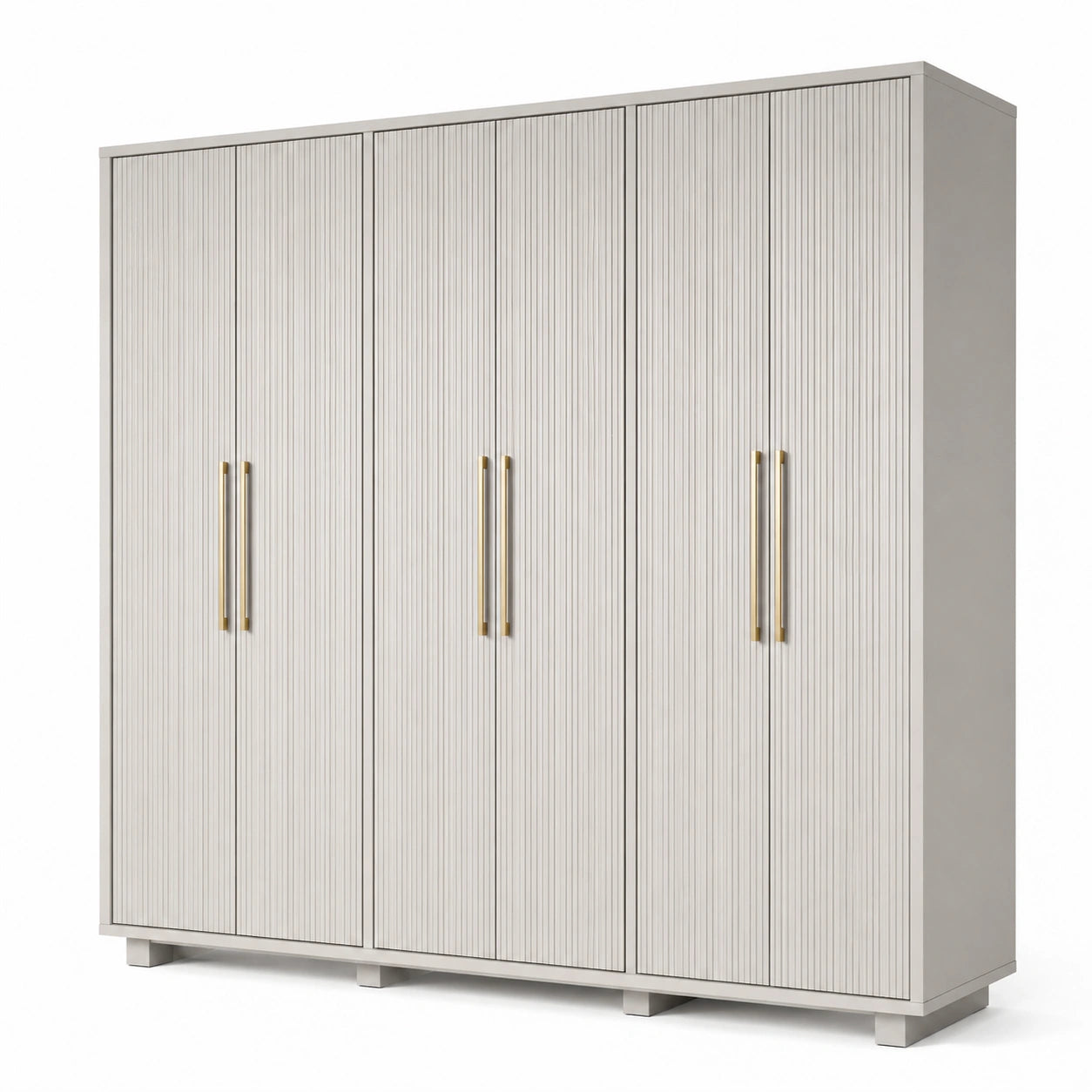 Moderner sechstüriger Kleiderschrank mit geriffelten Fronten, Weiß/Goldfarben, 240 × 55 × 200 cm