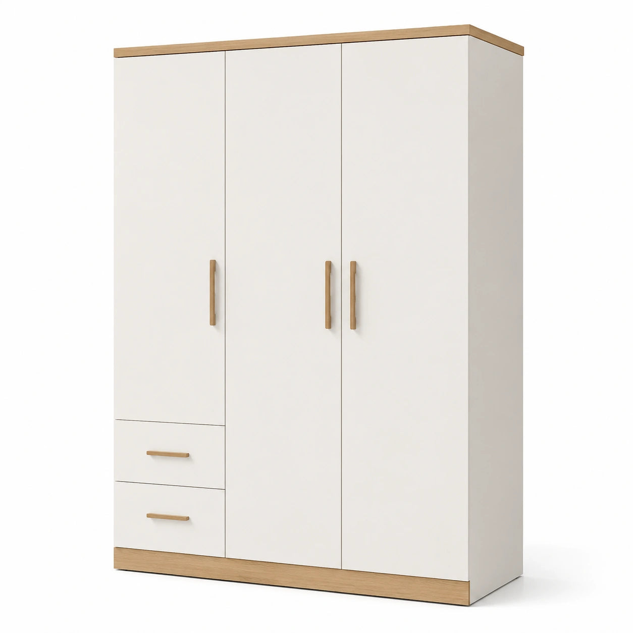 Kleiderschrank aus Holzwerkstoff mit 3 Türen und 2 Schubladen, Weiß/Eiche, 120 × 52 × 180 cm