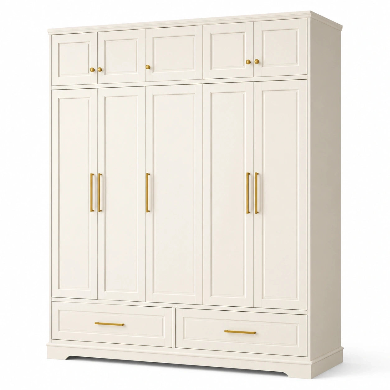 Kleiderschrank aus Holzwerkstoff in Weiß und Gold, 200 × 55 × 240 cm, mit 10 Türen und 2 Schubladen, klassischer Landhausstil