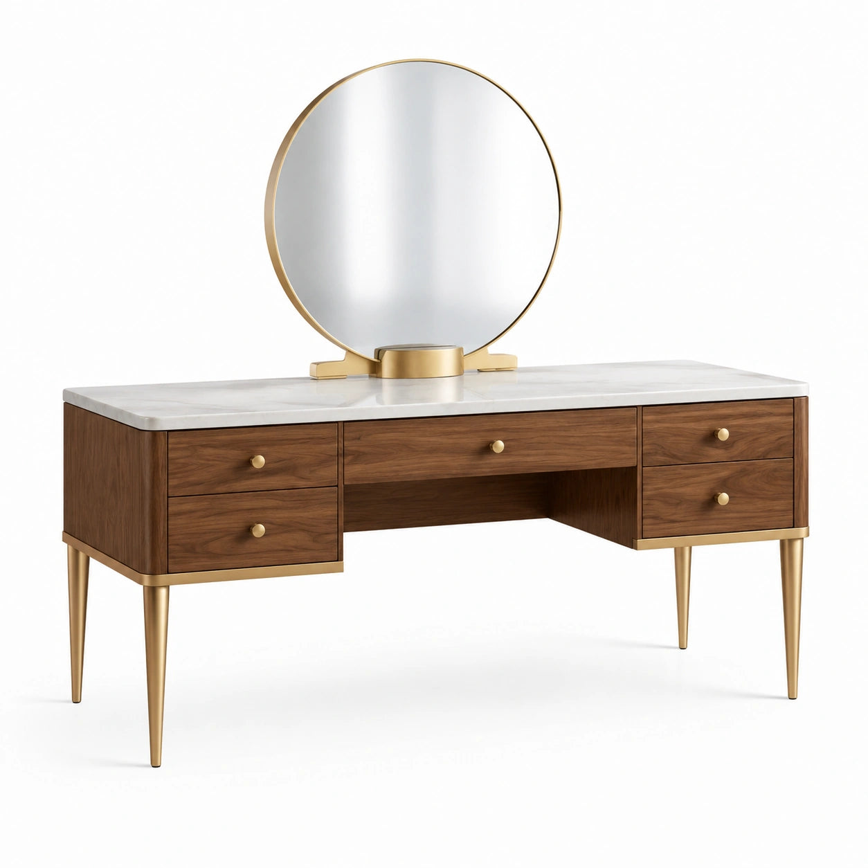Schminktisch mit rundem Spiegel und 5 Schubladen, 140 × 50 × 135 cm, Braun/Weiß/Gold, Mid-Century-Stil
