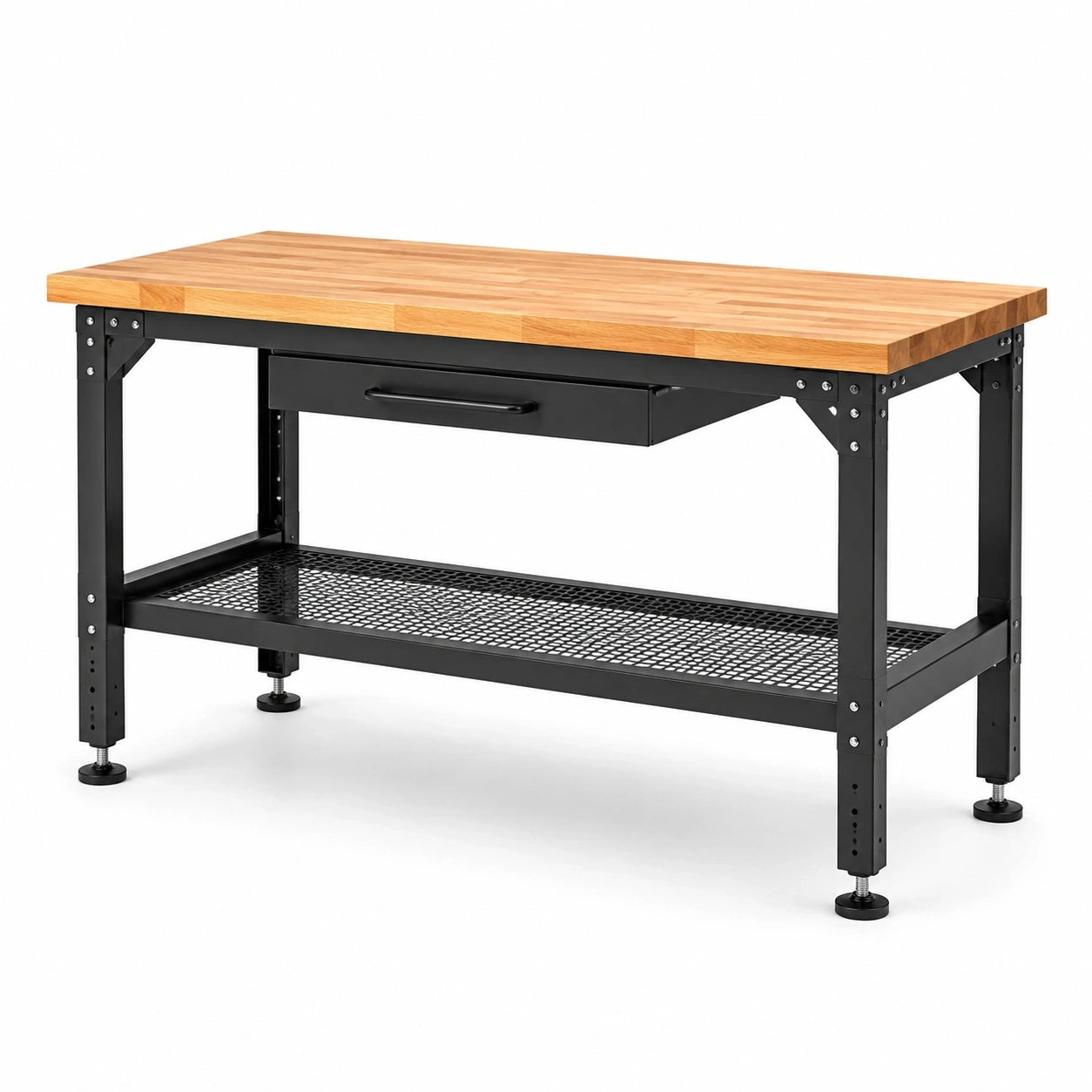 Werkbank mit Schublade und Gitterablage, 120 × 60 × 85 cm, Holz und Stahl, Natur/Schwarz