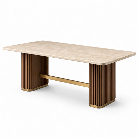 Moderner Esstisch aus Holzwerkstoff und Metall, Beige/Braun/Goldfarben, 180 × 90 × 76 cm