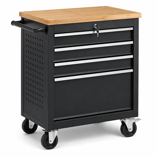 Werkzeugwagen aus Stahl mit Bambusplatte, 4 Schubladen, Rollen und Schloss, 69 × 46 × 88 cm, Schwarz/Natur/Silber