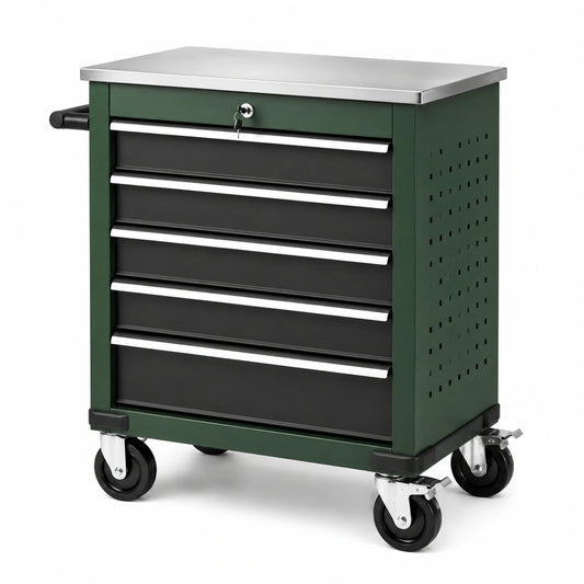Abschließbarer Stahl-Werkzeugwagen mit 5 Schubladen, 69 × 33 × 78 cm, Dunkelgrün/Schwarz/Silber