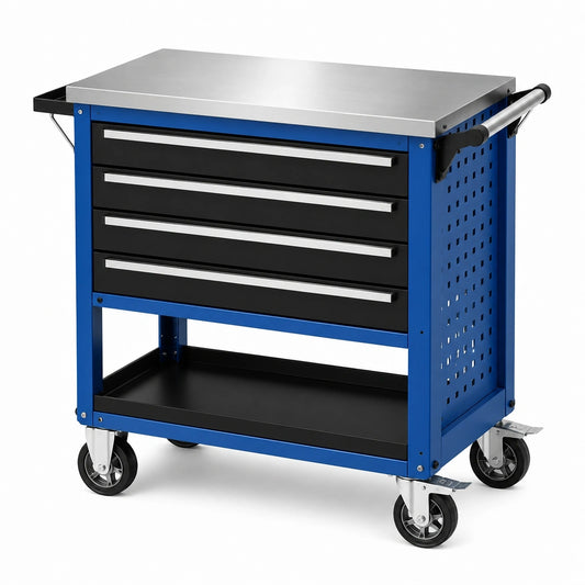 Mobiler Werkzeugwagen aus Stahl mit 4 Schubladen und Arbeitsfläche, 77 × 47 × 92 cm, Blau/Schwarz/Silber