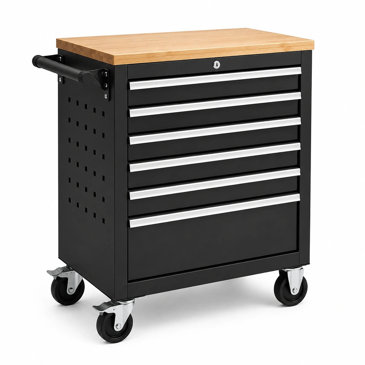 Werkzeugwagen aus Stahl mit 6 Schubladen und Bambus-Arbeitsplatte, Schwarz/Natur/Silber, 70 × 45 × 80 cm