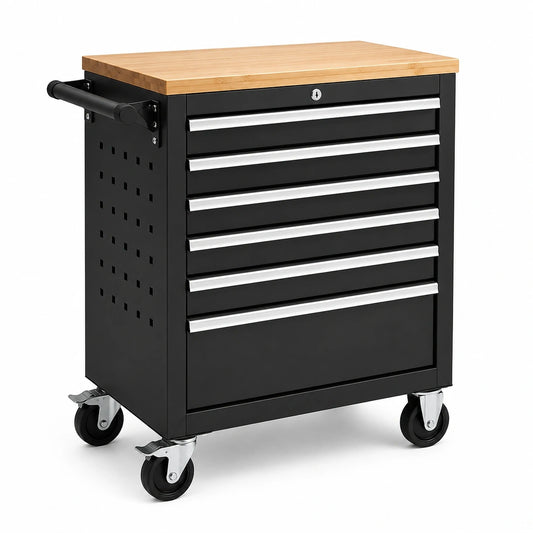 Werkzeugwagen aus Stahl mit 6 Schubladen und Bambus-Arbeitsplatte, Schwarz/Natur/Silber, 70 × 45 × 80 cm