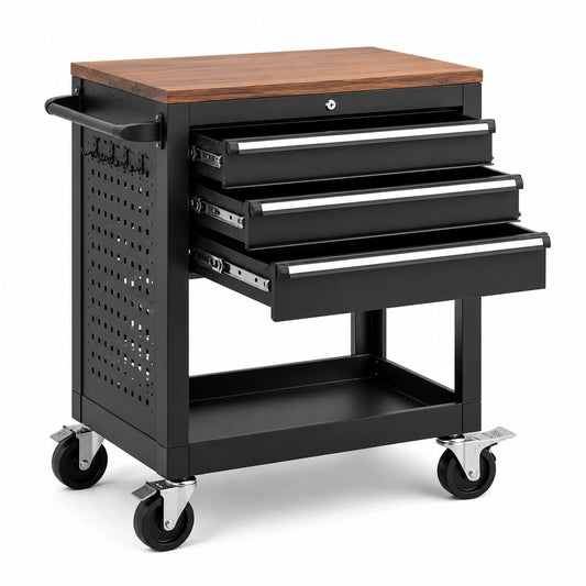 Mobiler Werkzeugwagen aus Stahl mit 3 Schubladen und Holzoptik-Arbeitsplatte, 72 × 40 × 84 cm, Schwarz/Braun/Silber