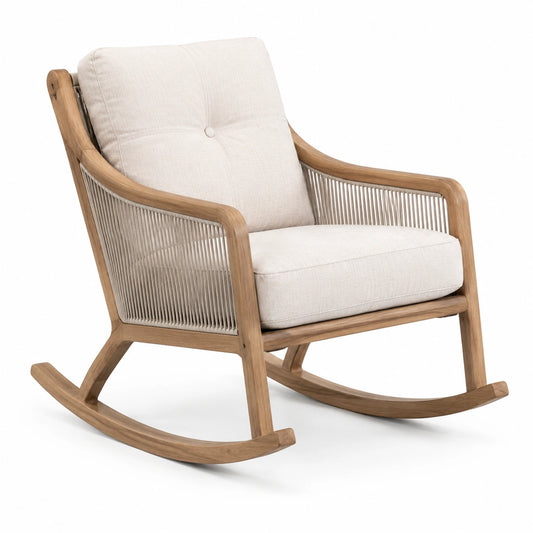 Gepolsterter Schaukelstuhl aus Holz mit Kordelbespannung, Natur/Beige/Grau, 75 x 95 x 90 cm