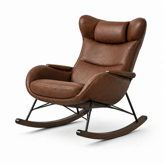 Ergonomisch gepolsterter Schaukelstuhl aus braunem Kunstleder mit Holz- und Metallgestell, 98 × 88 × 102 cm