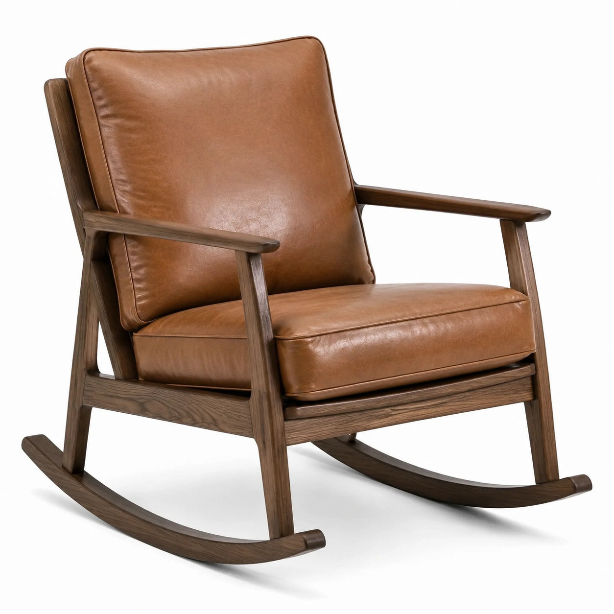 Schaukelstuhl in Cognacbraun und Dunkelbraun, 75 × 92 × 94 cm, Holzgestell mit lederähnlichem Bezug im Retro-Stil