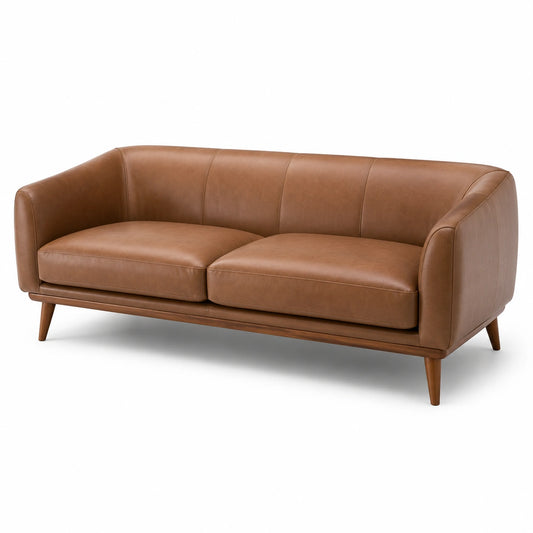 3-Sitzer-Sofa in brauner Lederoptik, 210 × 88 × 82 cm, Mid-Century-Stil