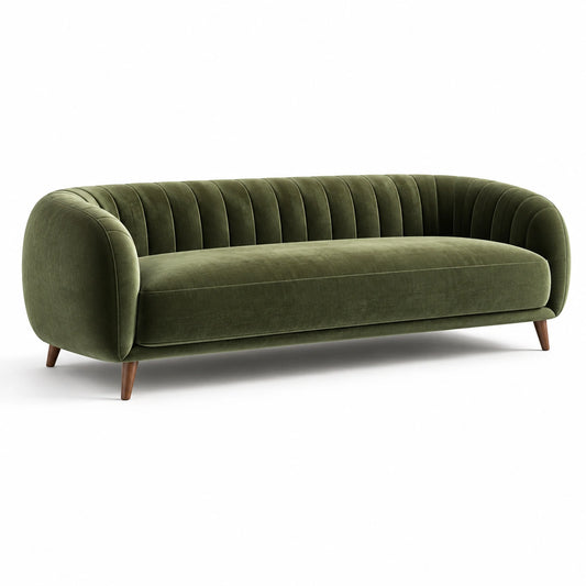 3-Sitzer-Sofa mit olivgrünem Samtbezug und braunen Holzfüßen, 220 × 90 × 76 cm