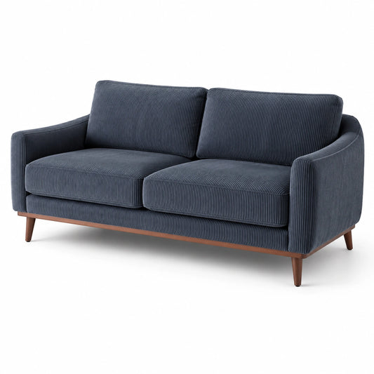 Modernes 2-Sitzer-Sofa aus dunkelblauem Cordstoff mit braunen Holzfüßen, 190 × 86 × 84 cm