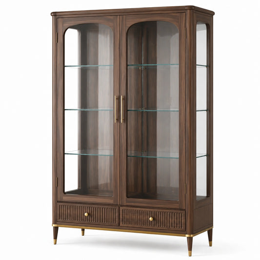 Vitrinenschrank aus Holzwerkstoff und Glas mit 2 Glastüren und 2 Schubladen, Dunkelbraun/Goldfarben/Transparent, 110 × 42 × 190 cm