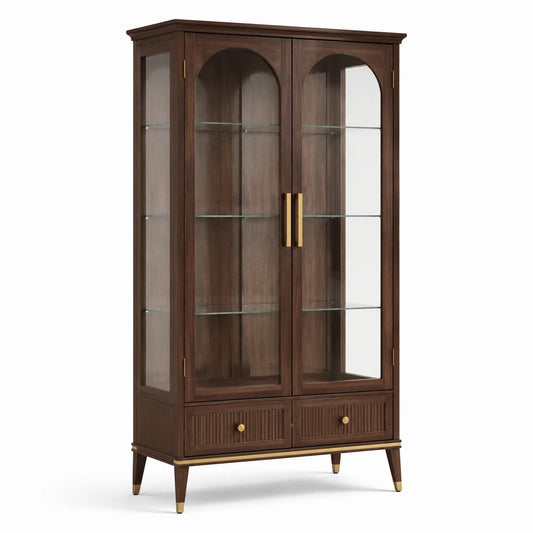Vitrinenschrank aus Holz und Glas mit 2 Schubladen, 100 × 40 × 190 cm, Dunkelbraun/Goldfarben/Transparent