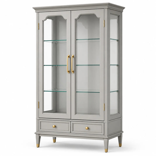 Klassischer Vitrinenschrank aus Holzwerkstoff und Glas, Grau/Gold, 105 × 42 × 190 cm