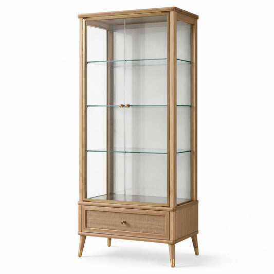 Vitrinenschrank aus Holz und Glas, Natur, 80 × 40 × 180 cm, mit 2 Glastüren, 3 Glasböden und Schublade