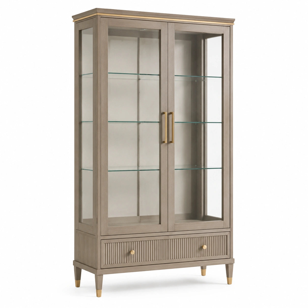 Vitrine aus Holzwerkstoff und Glas mit 2 Glastüren, 3 Glasböden und Schublade, 100 × 42 × 190 cm, Taupe/Gold