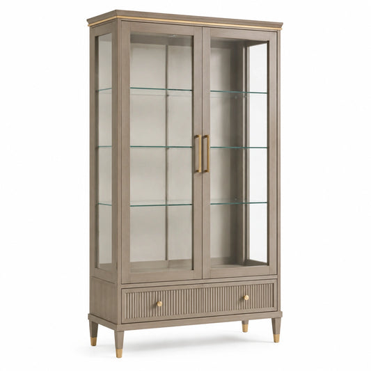 Vitrine aus Holzwerkstoff und Glas mit 2 Glastüren, 3 Glasböden und Schublade, 100 × 42 × 190 cm, Taupe/Gold
