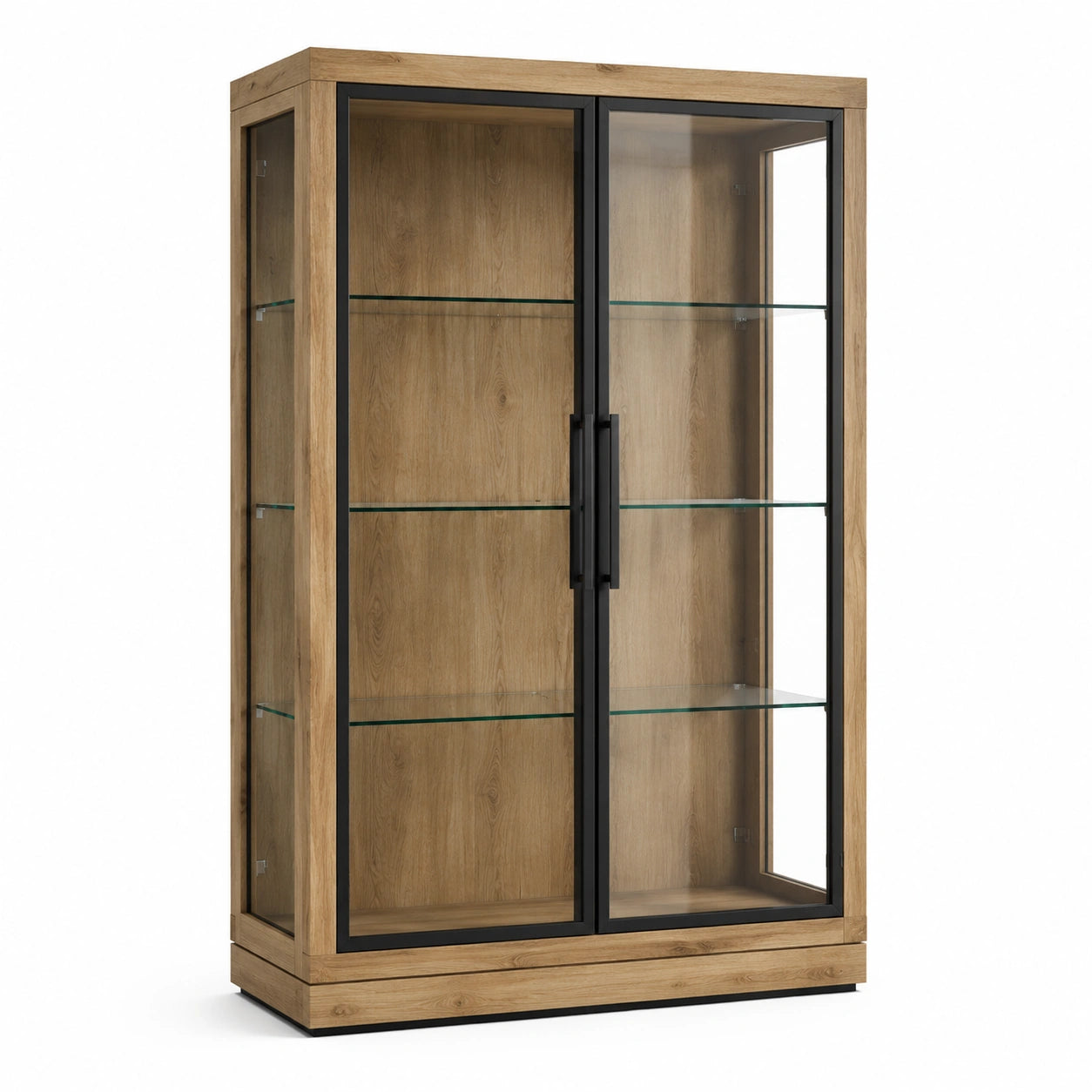 Vitrinenschrank mit 2 Glastüren und 3 Glasböden, 110 × 40 × 180 cm, Holzbraun/Schwarz/Transparent