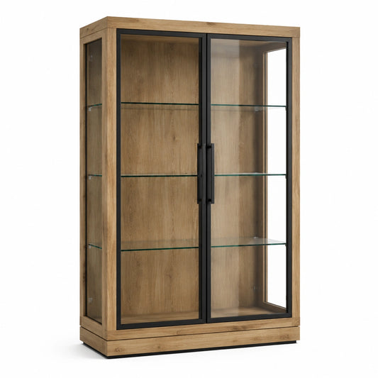 Vitrinenschrank mit 2 Glastüren und 3 Glasböden, 110 × 40 × 180 cm, Holzbraun/Schwarz/Transparent