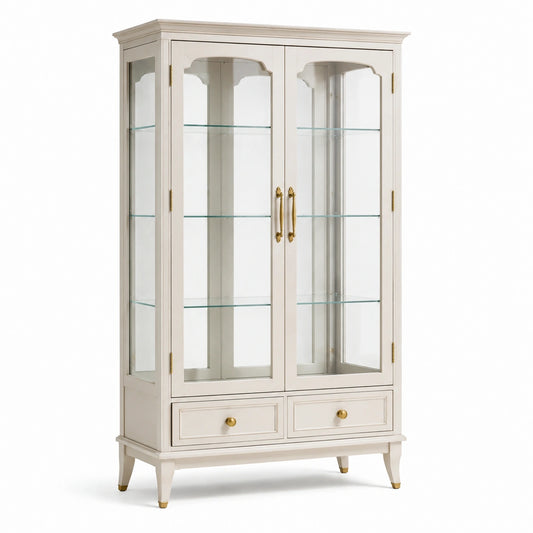 Klassische Holzvitrine in Cremeweiß mit Glas und goldfarbenen Details, 110 × 45 × 190 cm, 2 Türen und 2 Schubladen