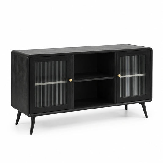 Modernes Sideboard aus Holzwerkstoff und Riffelglas, Schwarz, 140 × 40 × 80 cm, mit 2 Türen und offenen Fächern