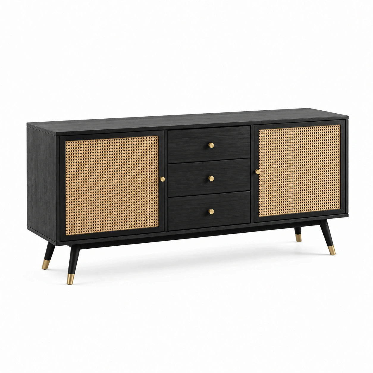 Sideboard aus Holzwerkstoff und Rattangeflecht, 160 × 40 × 76 cm, Schwarz/Natur/Goldfarben, mit 3 Schubladen und 2 Türen