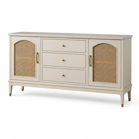 Sideboard aus Holzwerkstoff mit Rattangeflecht, Beige/Natur/Gold, 160 x 40 x 85 cm, 3 Schubladen und 2 Türen