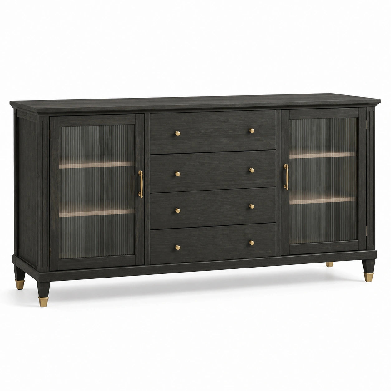 Sideboard aus Holzwerkstoff mit Riffelglas, Schwarz mit goldfarbenen Akzenten, 180 × 40 × 85 cm, 4 Schubladen und 2 Türen