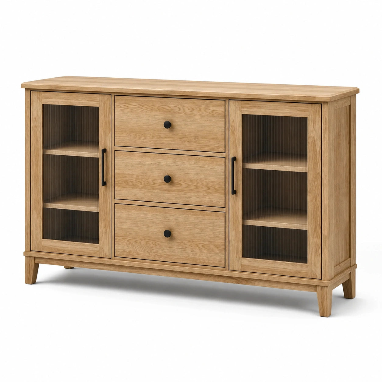 Sideboard in Eiche Natur mit geriffelten Glastüren und 3 Schubladen, 160 × 40 × 90 cm