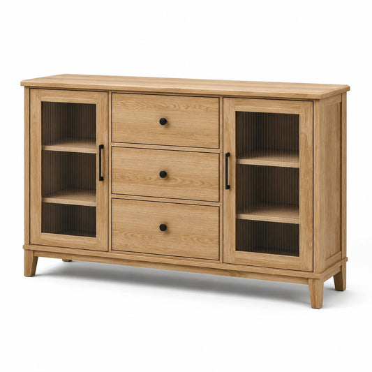 Sideboard in Eiche Natur mit geriffelten Glastüren und 3 Schubladen, 160 × 40 × 90 cm