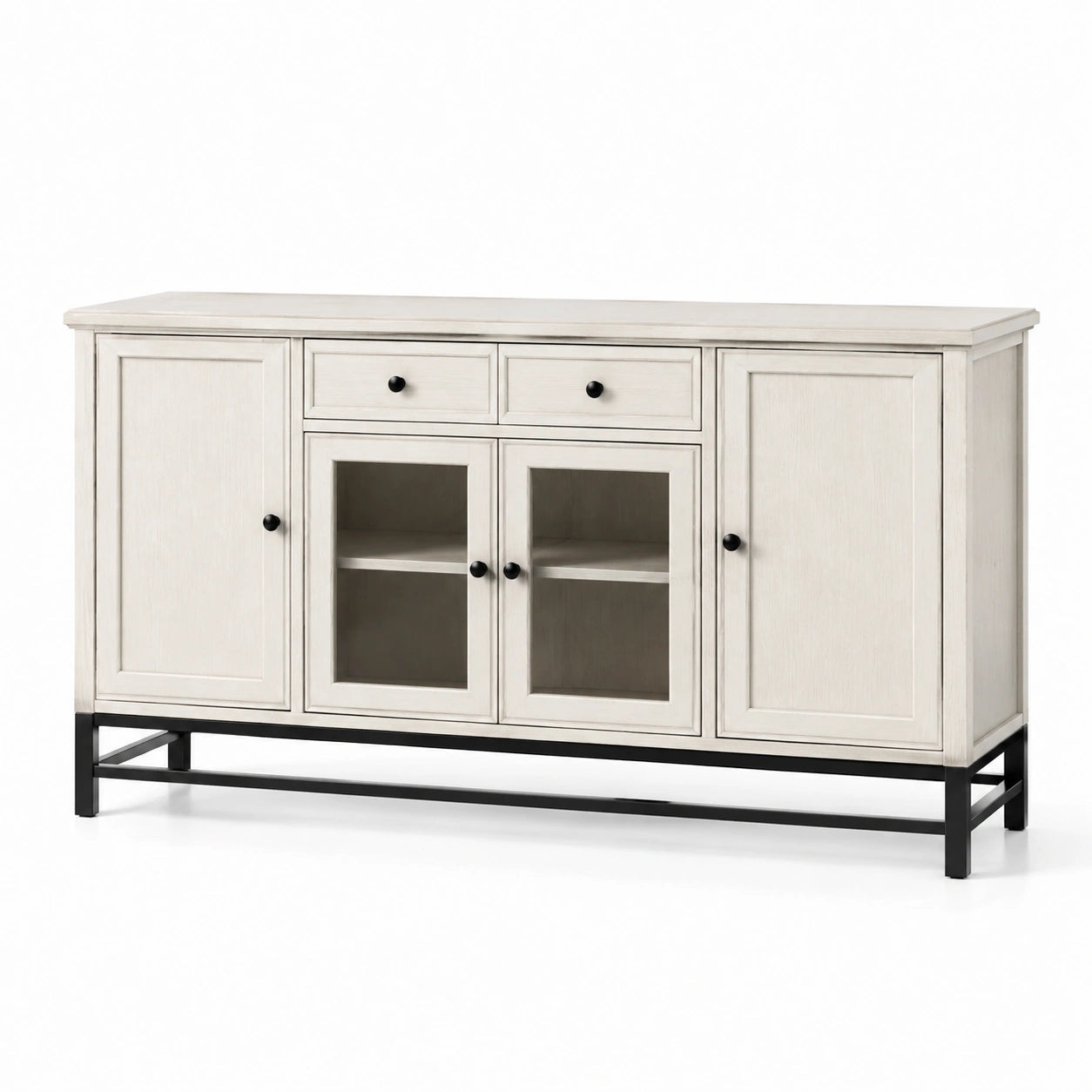 Sideboard im Landhausstil, 160 × 40 × 90 cm, Weiß/Schwarz mit transparenten Glastüren