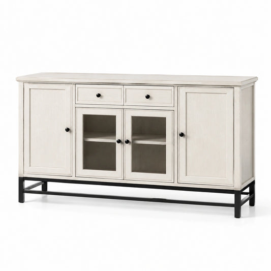 Sideboard im Landhausstil, 160 × 40 × 90 cm, Weiß/Schwarz mit transparenten Glastüren