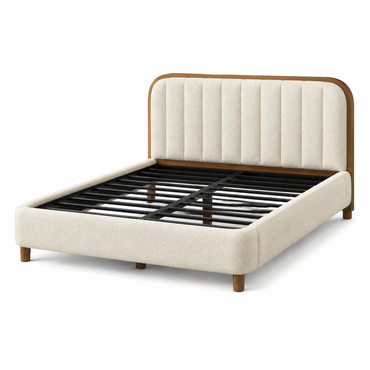 Modernes Bouclé-Polsterbett 160 × 200 cm in Creme mit Holzrahmen und Metalllattenrost