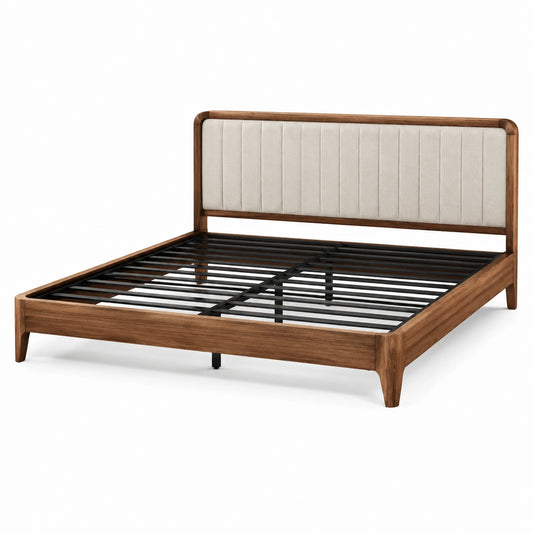 Doppelbett 160 × 200 cm in Braun/Beige/Schwarz, Gesamtmaß 216 × 168 × 110 cm, gepolstertes Kopfteil und Metallleistenrost